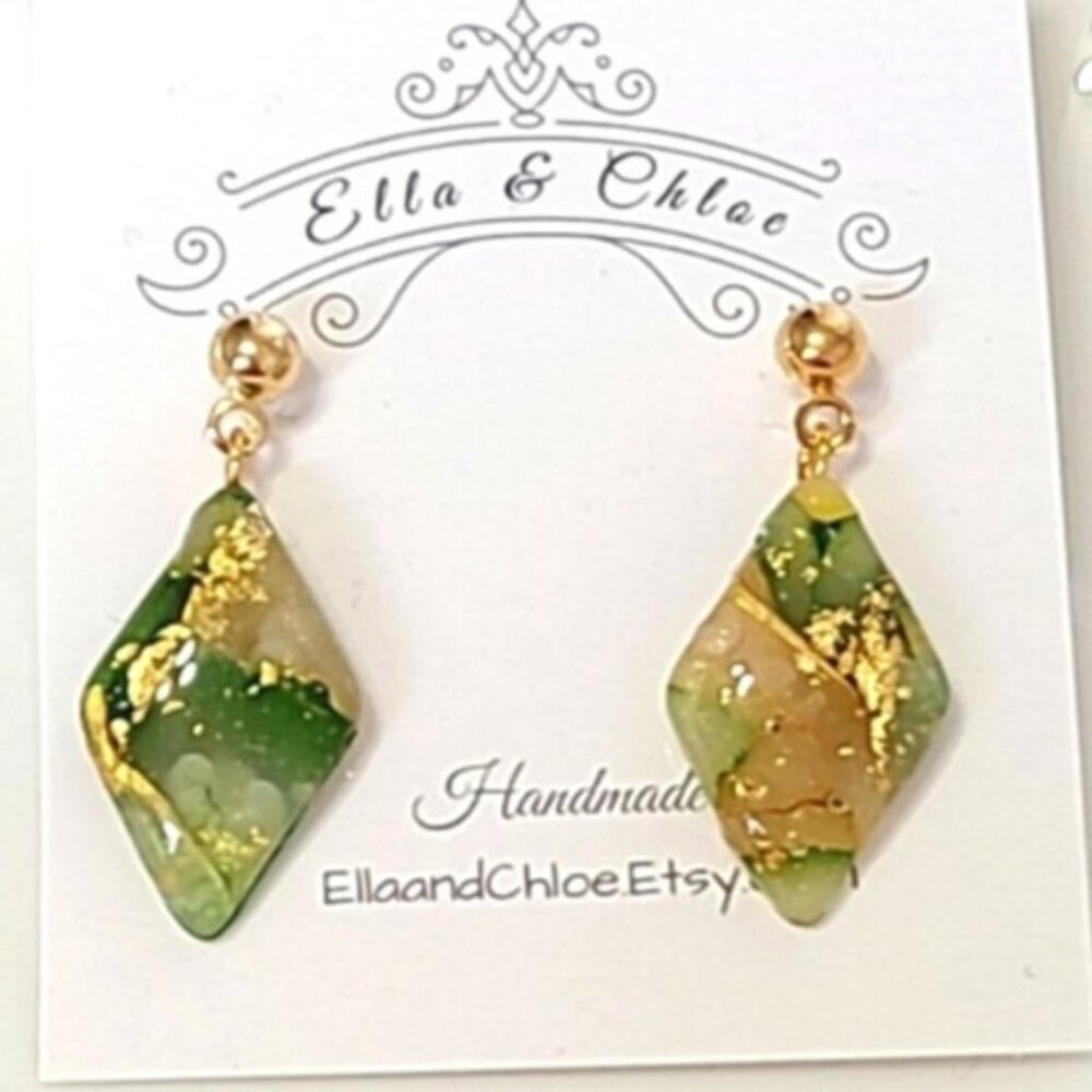 Handcrafted Boho Green Gold Ball Gemstone Agate Diamond Drop Dangle Earrings